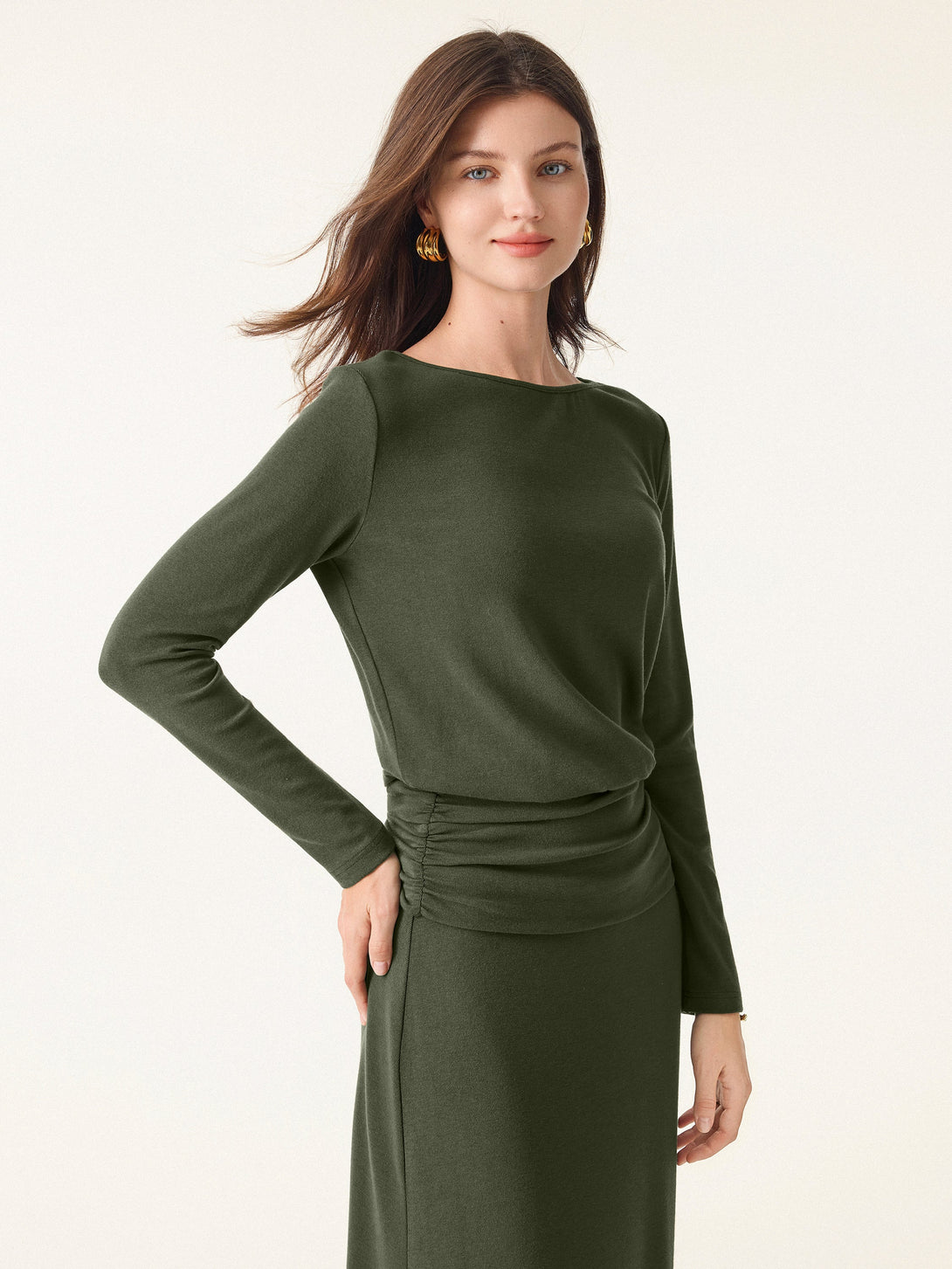 Light Warm Round Neck Side Ruched Top