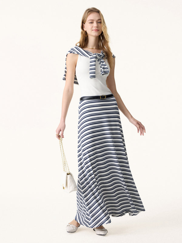 2Pcs Set Striped Boatneck Batwing Sleeves Top & A-Line Circle Maxi Skirt