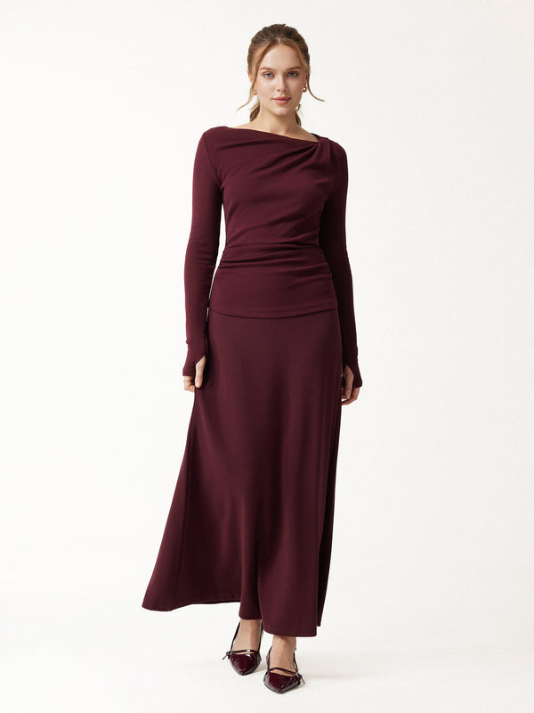 OGLmove 2Pcs Set Asymmetrical Neck Long Sleeve Ruched Top & High-Rise A-Line Maxi Skirt Ruby XXS