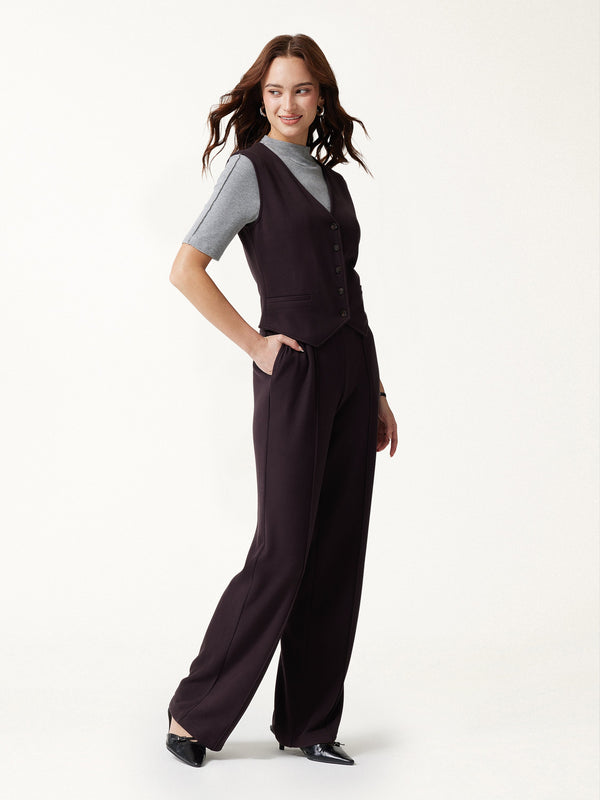 OGLmove 2Pcs Set Friendly Sleeveless Cropped Vest & Mid-Rise Pintuck Pants with Pockets