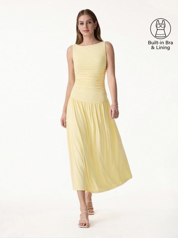 SkinKiss Cooling Boatneck Ruched Midi Bra Dress Butter Yellow XS