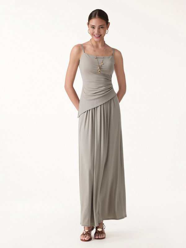 OGLmove 2Pcs Set Spaghetti Bra Top with Side Slit & A-Line Maxi Skirt with Pockets Dark Alabaster XS
