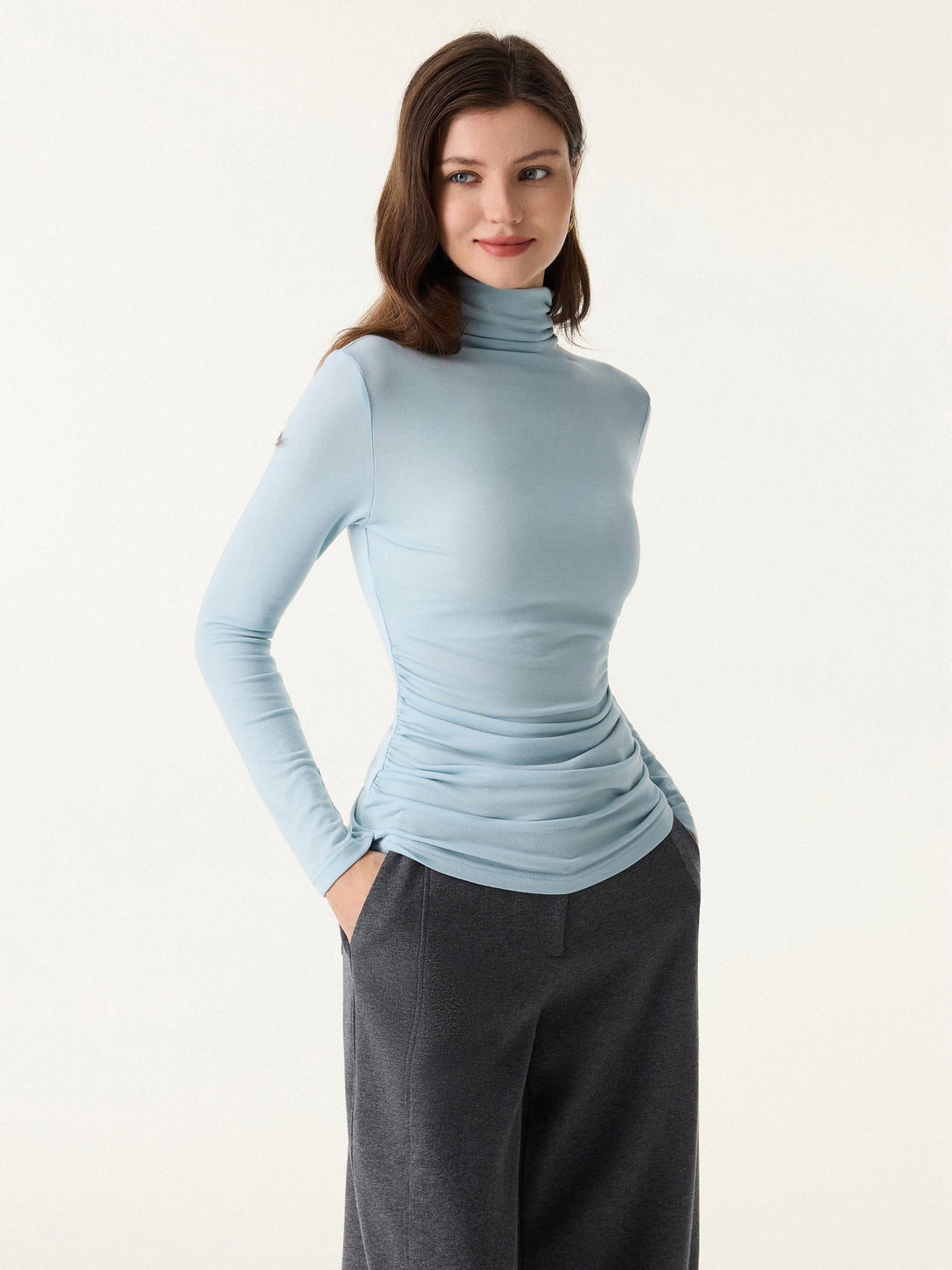 Lyocell Cashmere Turtleneck Side Ruched Top
