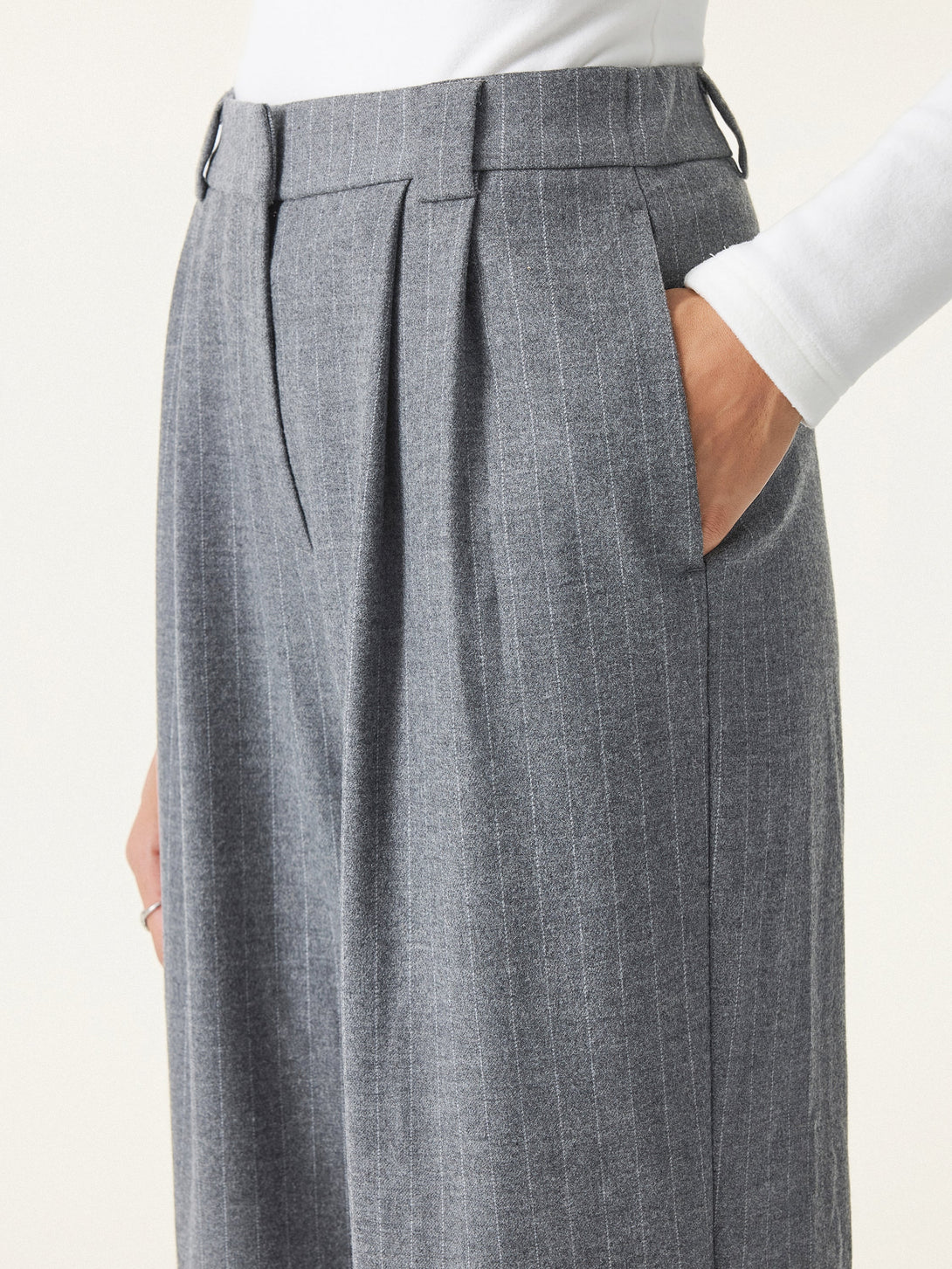 Stretch Striped Mid Rise Wide Leg Trousers with Pockets