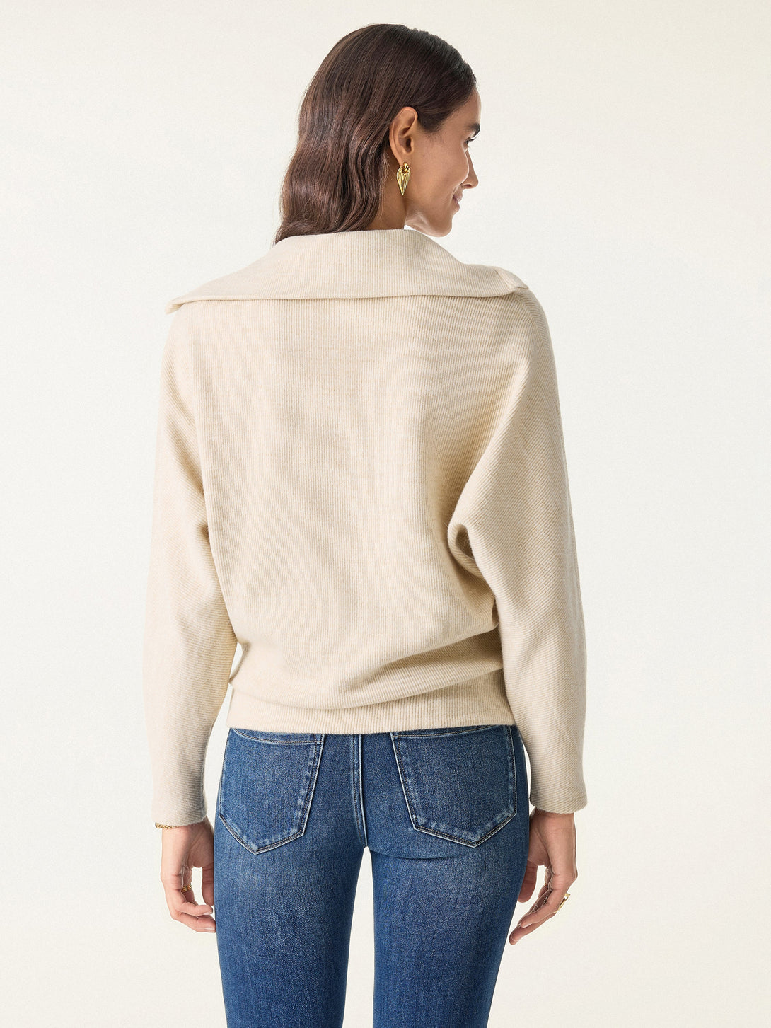 2Pcs Set Collared V-Neck Batwing Sleeve Pullover & Ribbed Midi Pull-on Skirt