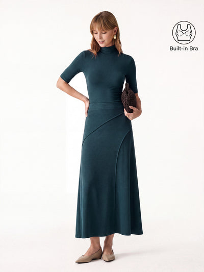 OGLmove 2Pcs Set Turtleneck Bra Top & Drapey A-Line Maxi Skirt Forest Night XXS