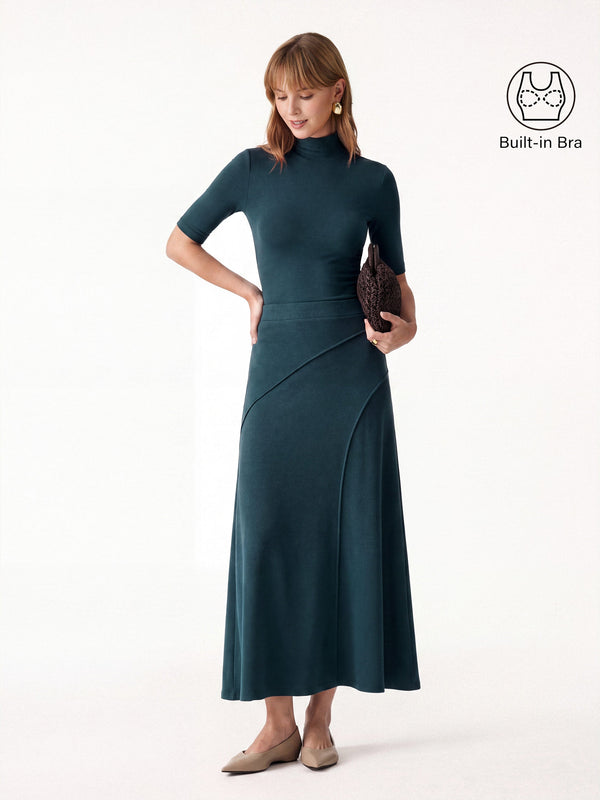 OGLmove 2Pcs Set Turtleneck Bra Top & Drapey A-Line Maxi Skirt Forest Night XXS