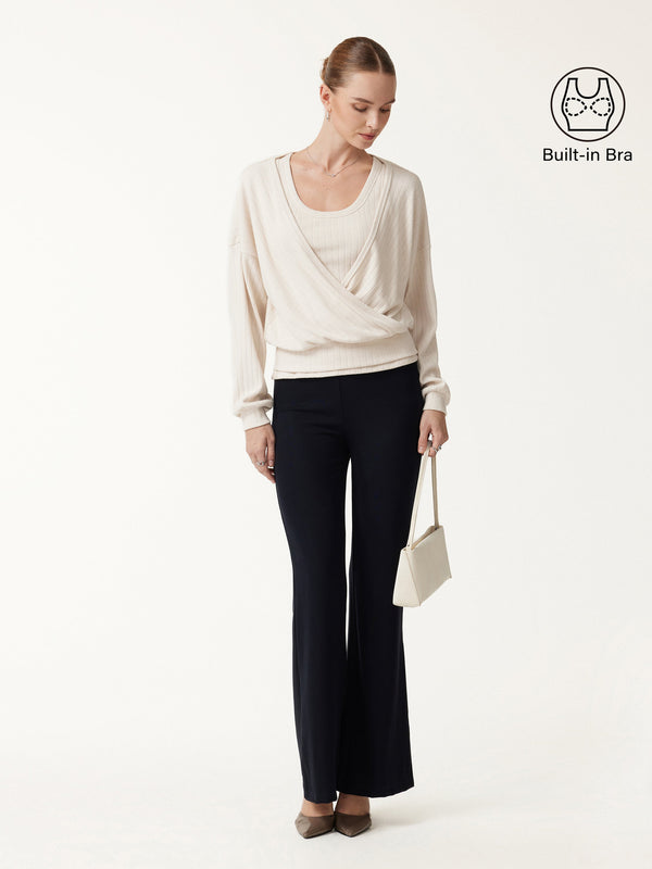 OGLmove 2Pcs Set Wide U-Neck Sleeveless Bra Top & Crossover Long Sleeve Banded Hem Top