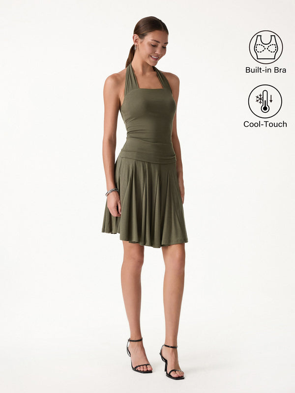 OGLmove 2Pcs Set Halter Going-Out Bra Top & Knee-Length Flare Skirt Ever Olive XS