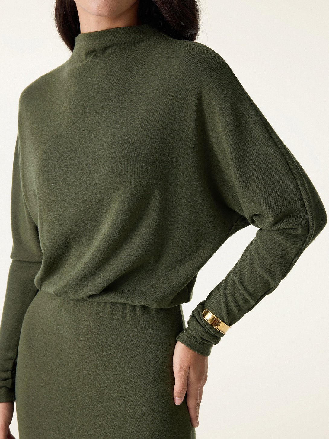 Mockneck Batwing Sleeve Cinched Waist Midi Dress