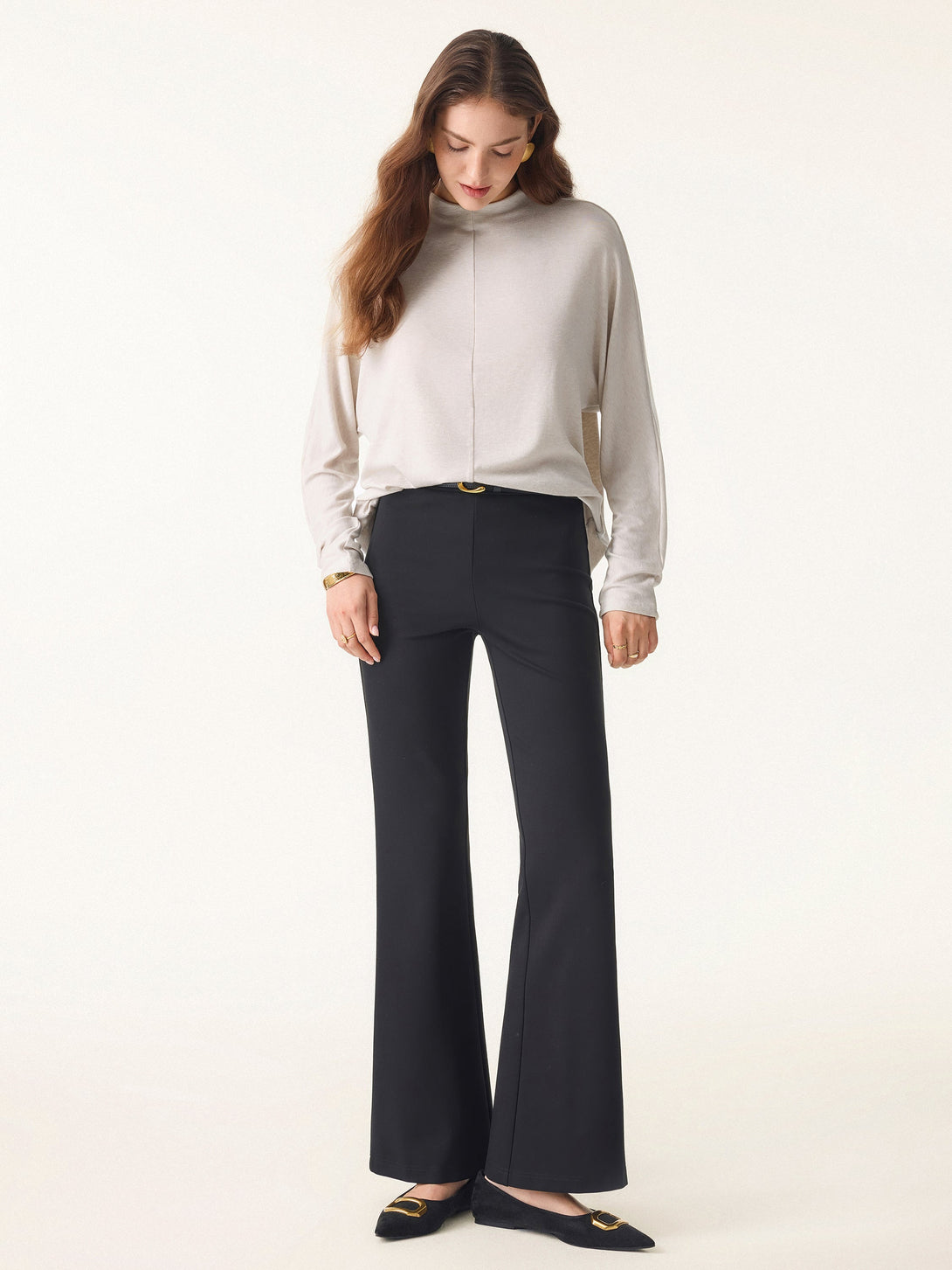 Lyocell Cashmere Relaxed Mockneck Batwing Sleeve Top Heather Fog Ivory XS