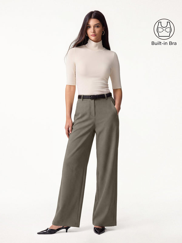 OGLmove 2Pcs Set Turtleneck Bra Tops & High Rise Wide Leg Pant Morning Mist/Deep Dry Olive XXS
