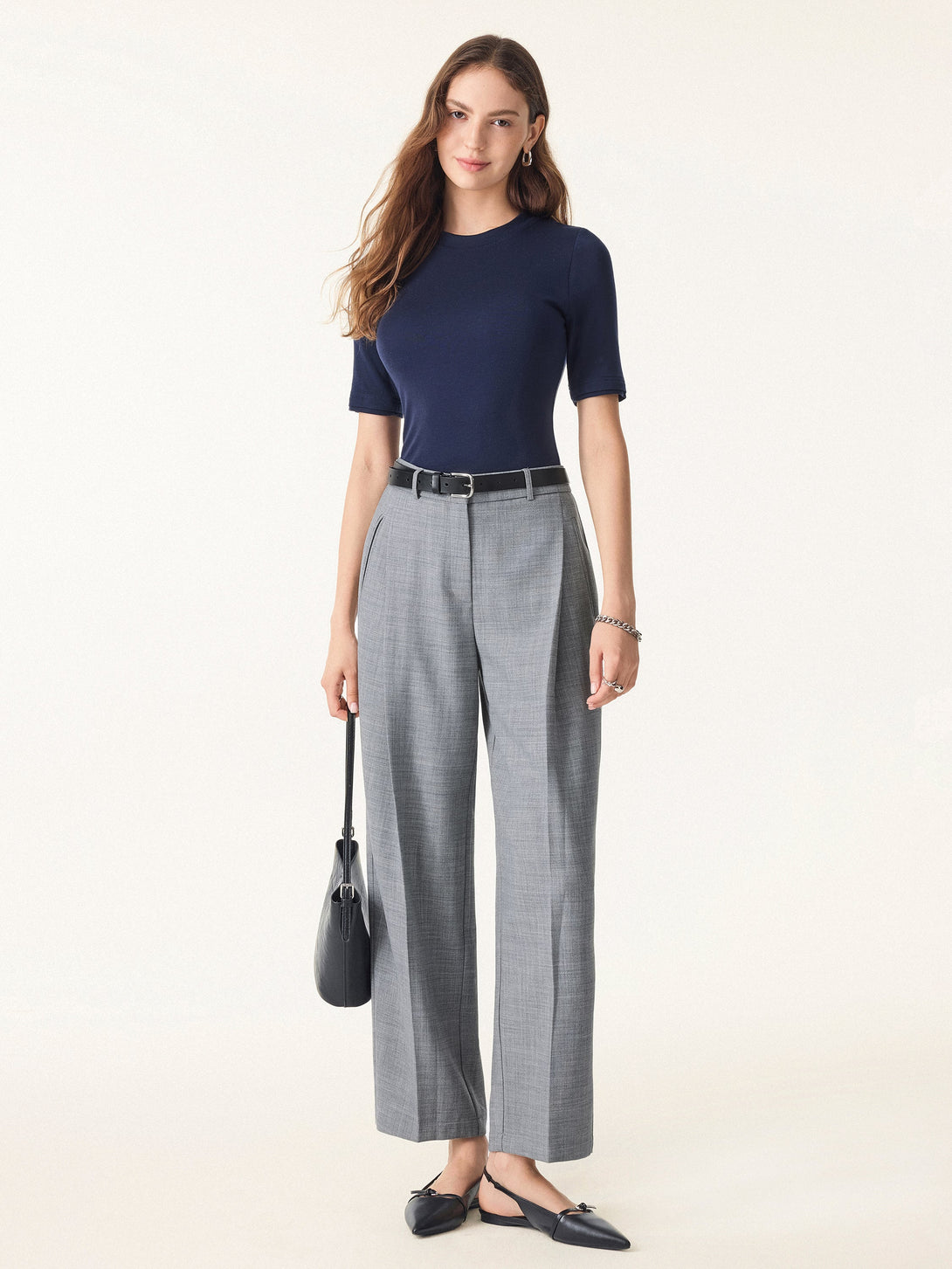 4-Way Stretch Mid Rise Cropped Tapered Trousers with Pockets