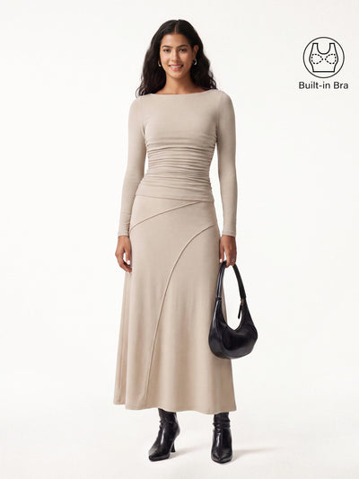 OGLmove 2Pcs Set Boatneck Ruched Bra Top & Drapey A-Line Maxi Skirt Natural Calico XXS