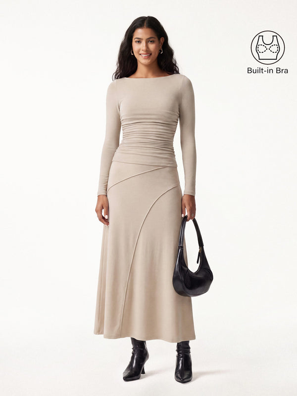 OGLmove 2Pcs Set Boatneck Ruched Bra Top & Drapey A-Line Maxi Skirt Natural Calico XXS