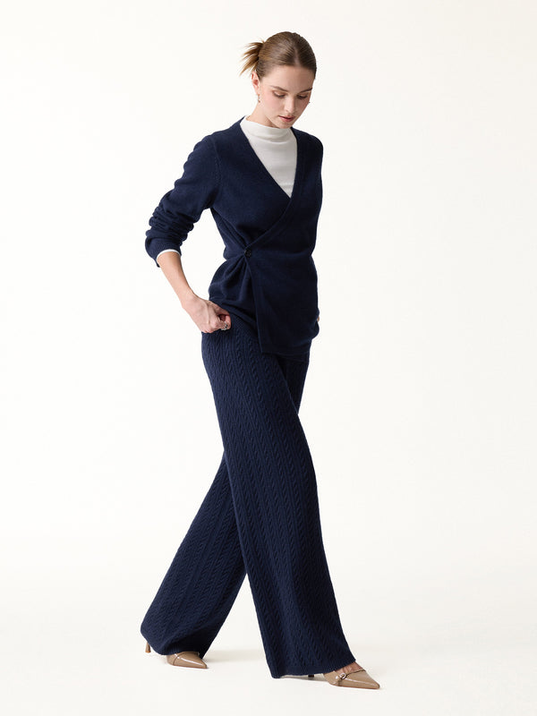 OGLmove 2Pcs Set V-Neck Long Sleeve Wrap Sweater & Cable-Knit Wide-Leg Pants with Pockets Navy XXS