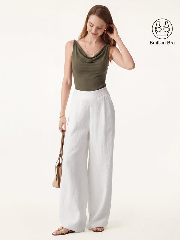 OGLmove 2Pcs Set Cowl Neck Bra Tank & Mid Rise Wide Leg Pant with Pockets Olive Green/Linen White XS