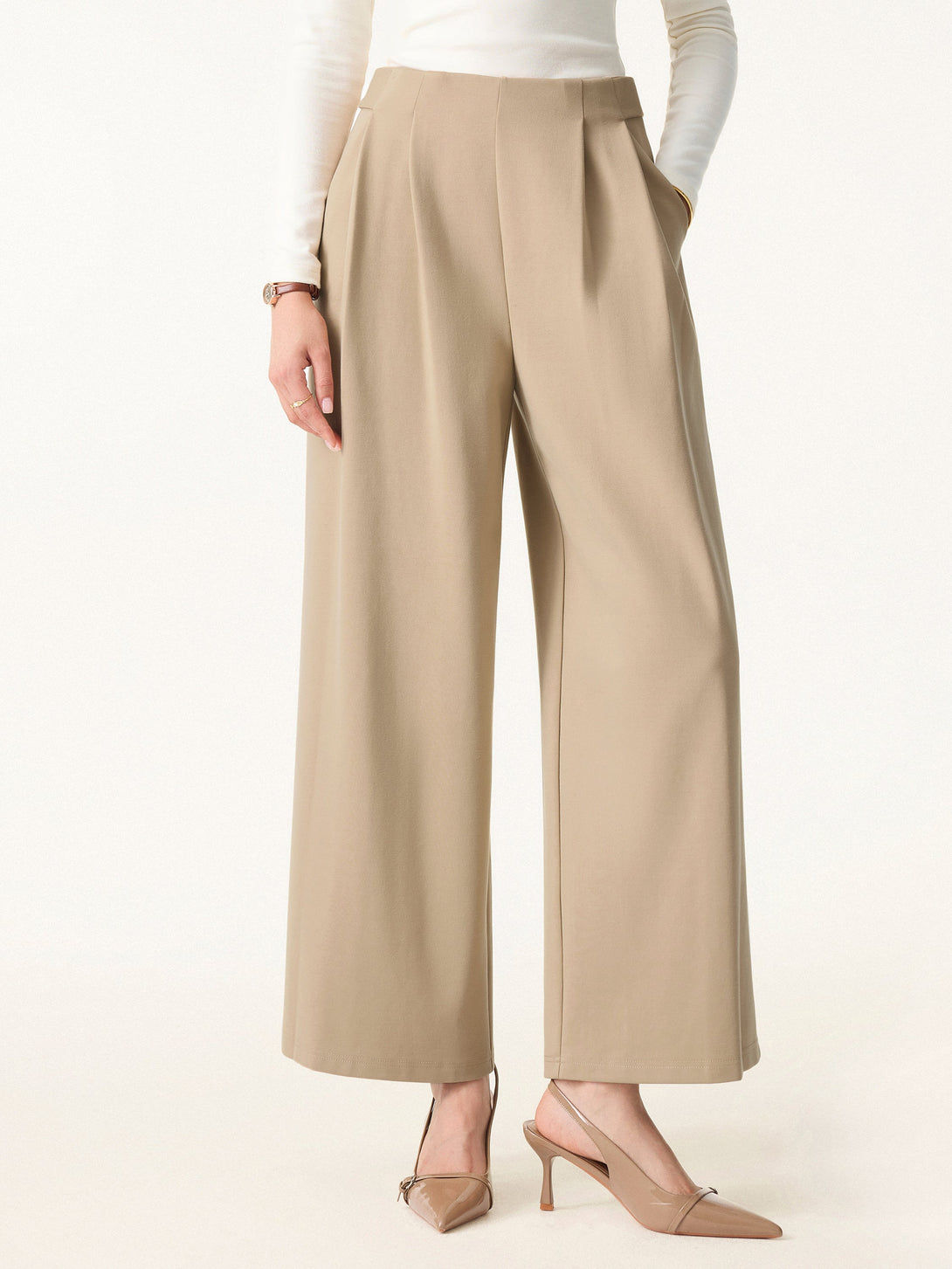Mid Rise Wide Leg Ankled Pull-on Pants with Pockets Khaki XS