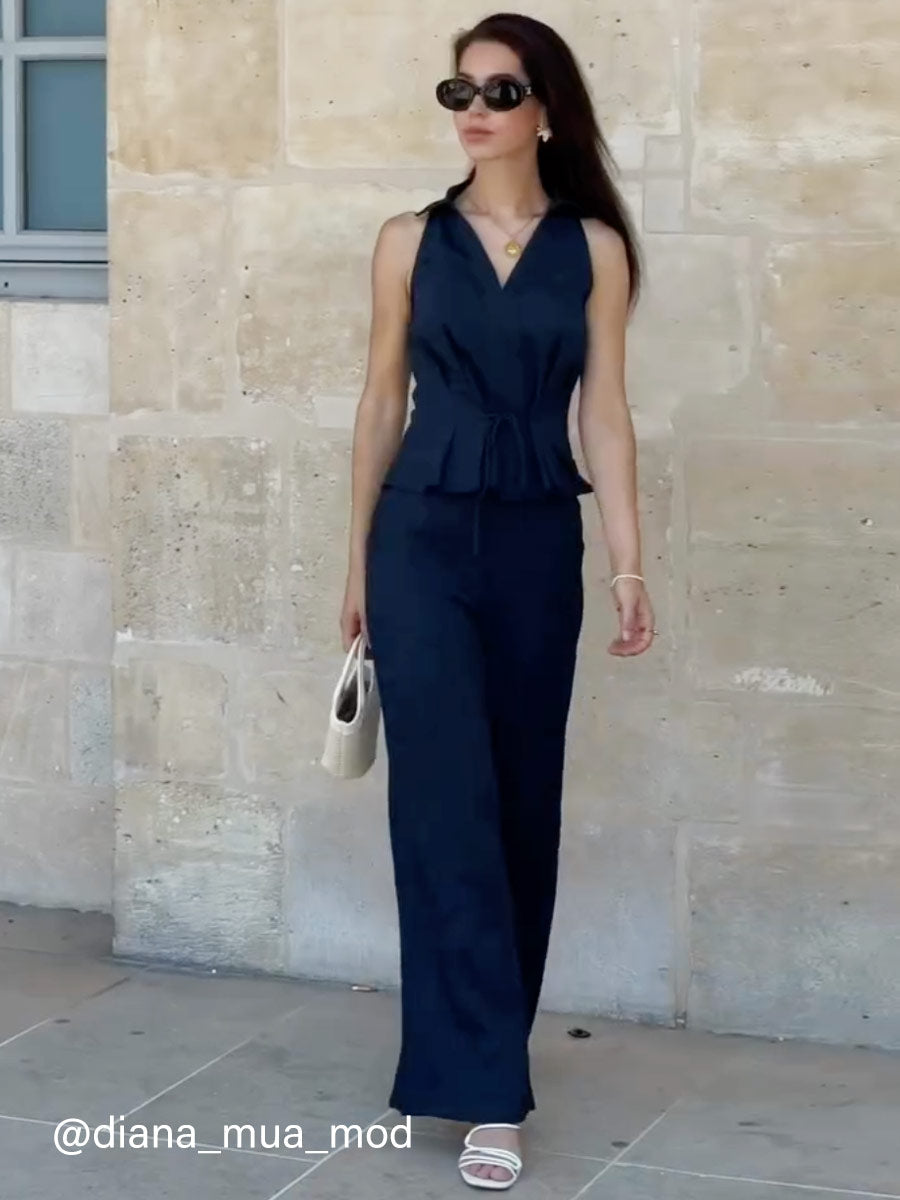 Collared V-neck Pleated Sleeveless Top with Drawstring