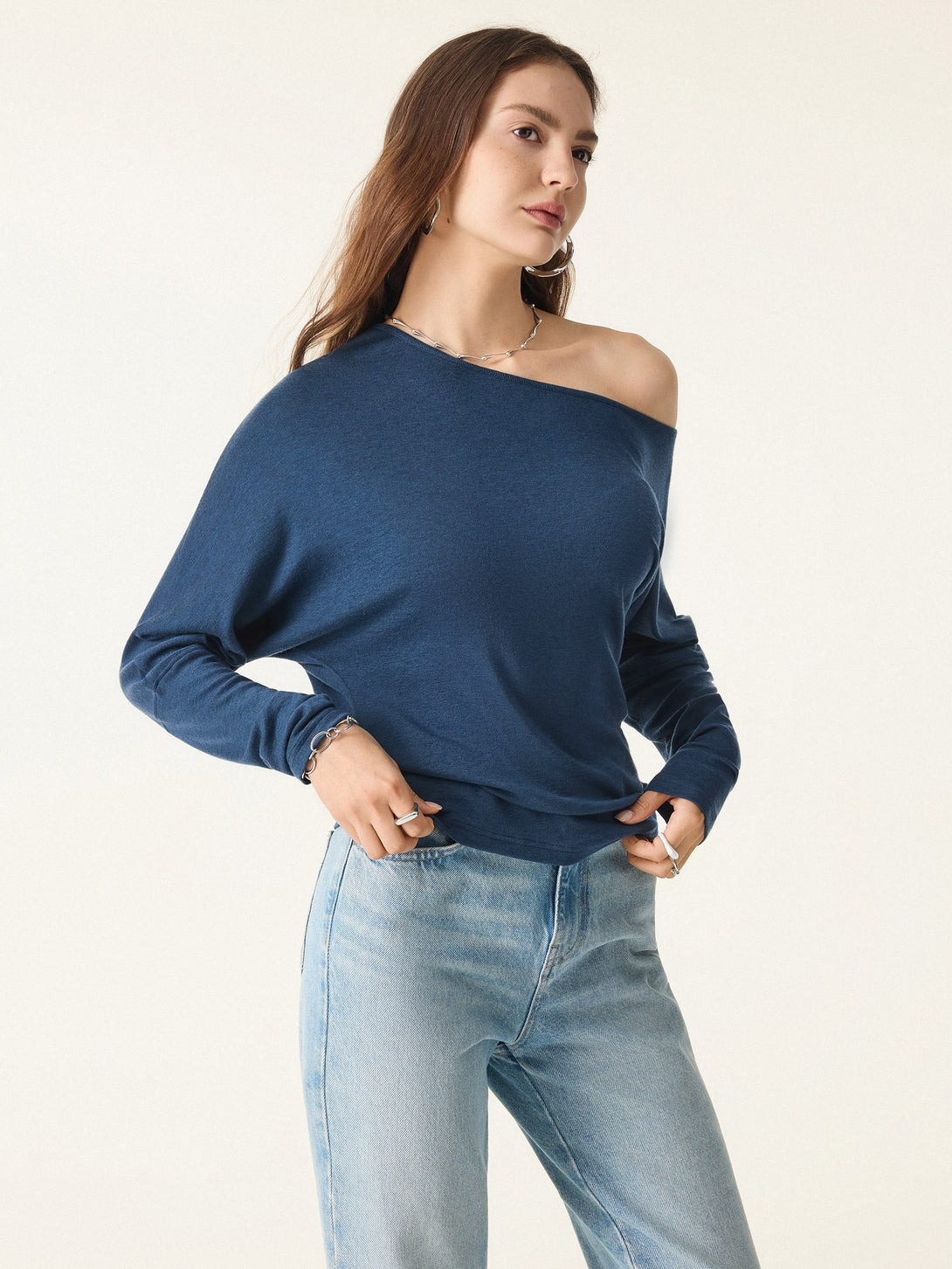 Lyocell Cashmere Cold-Shoulder Semi-Sheer Top