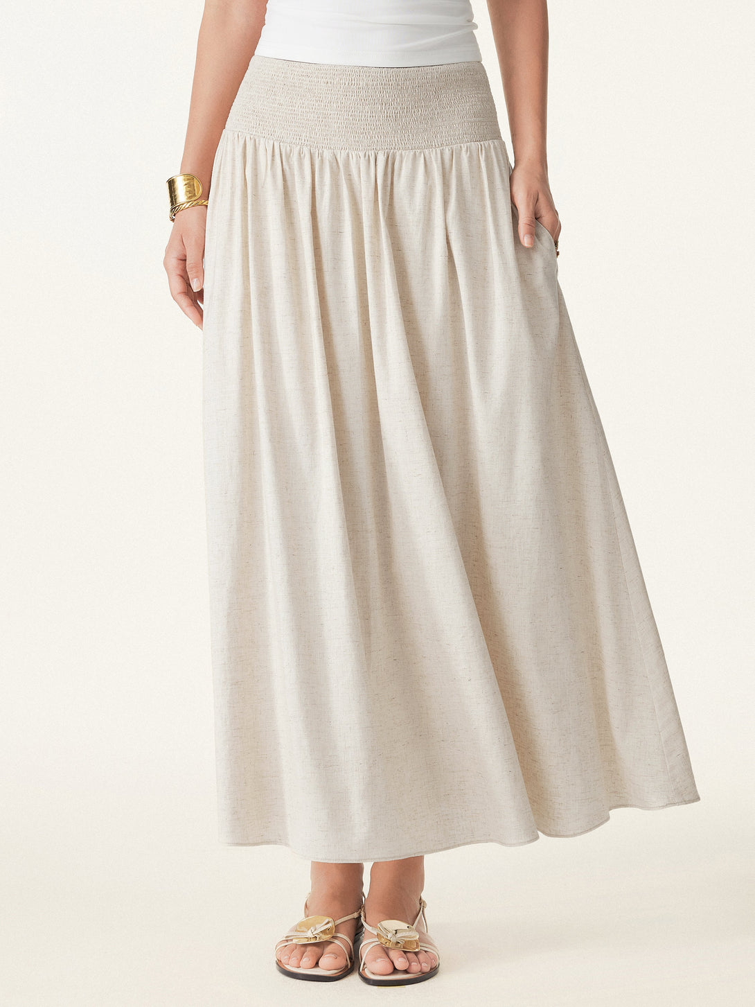 European Linen Smocked Waist Skirt with Pockets