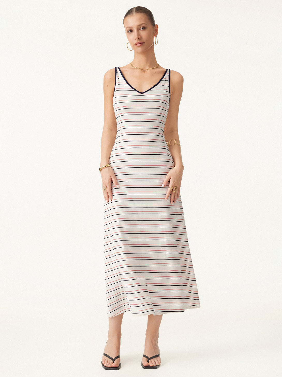 V-neck Low Back Striped Midi Brami Dress with Pockets