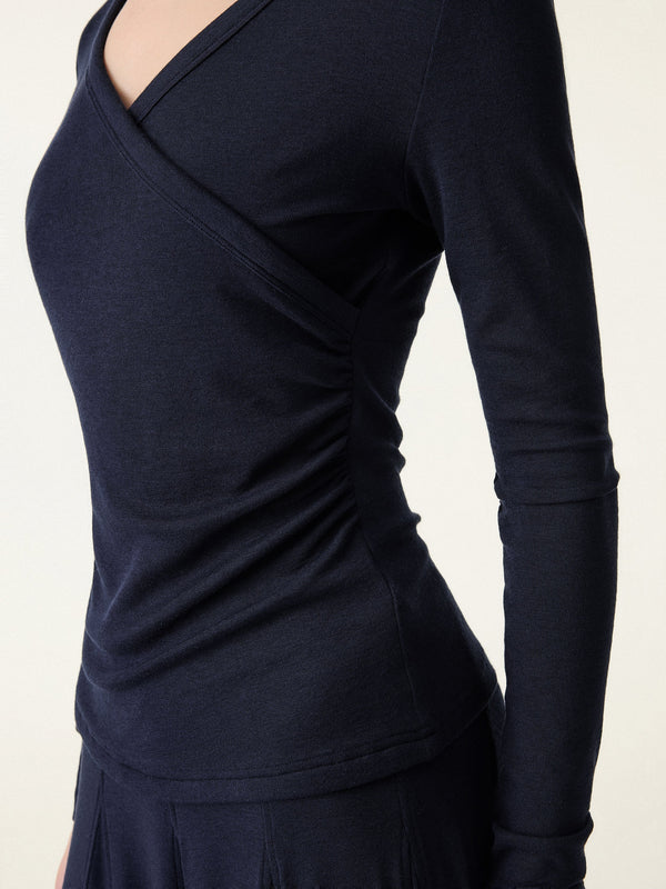Lyocell Wool Surplice Ruched Long Sleeve Top