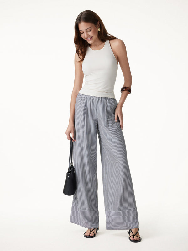 OGLmove Summer Poplin High-Rise Wide Leg Pants with Pockets Regular Grey/White Stripe