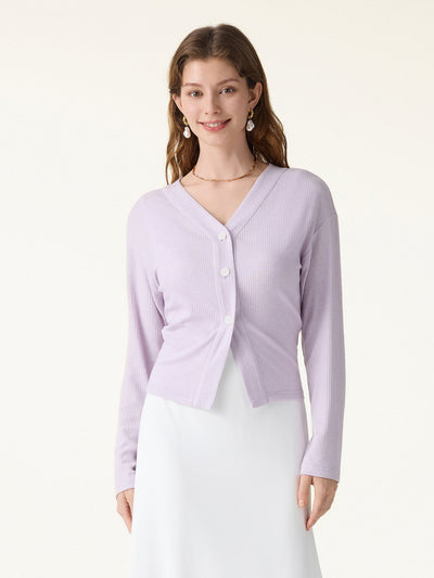 Textured Rib Relaxed V-Neck Button-Up Cardigan Taro Purple XS