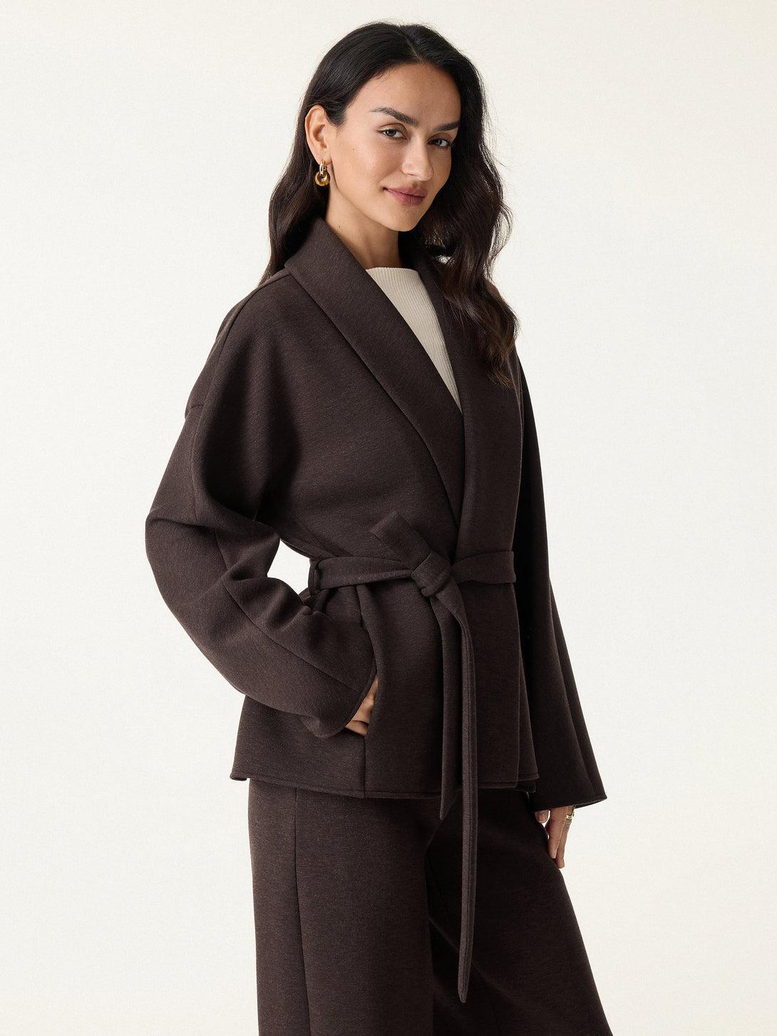 Timeless Shawl Neck Belted Outerwear with Pockets