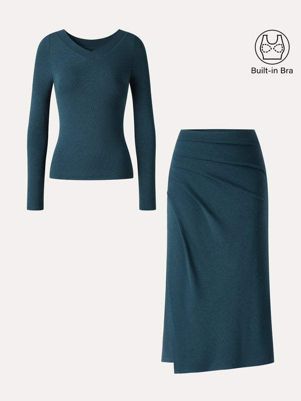 OGLmove 2Pcs Set LiteWarm V-Neck Long Sleeve Built-In Bra Top 3.0 & High-Rise Side-Tuck A-Line Midi Skirt