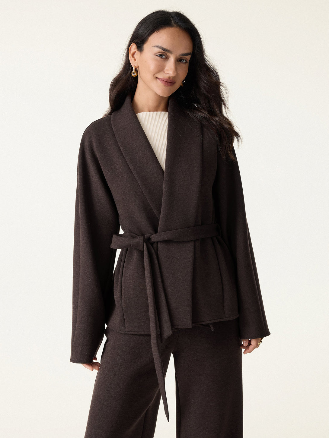 Timeless Shawl Neck Belted Outerwear with Pockets Espresso XS