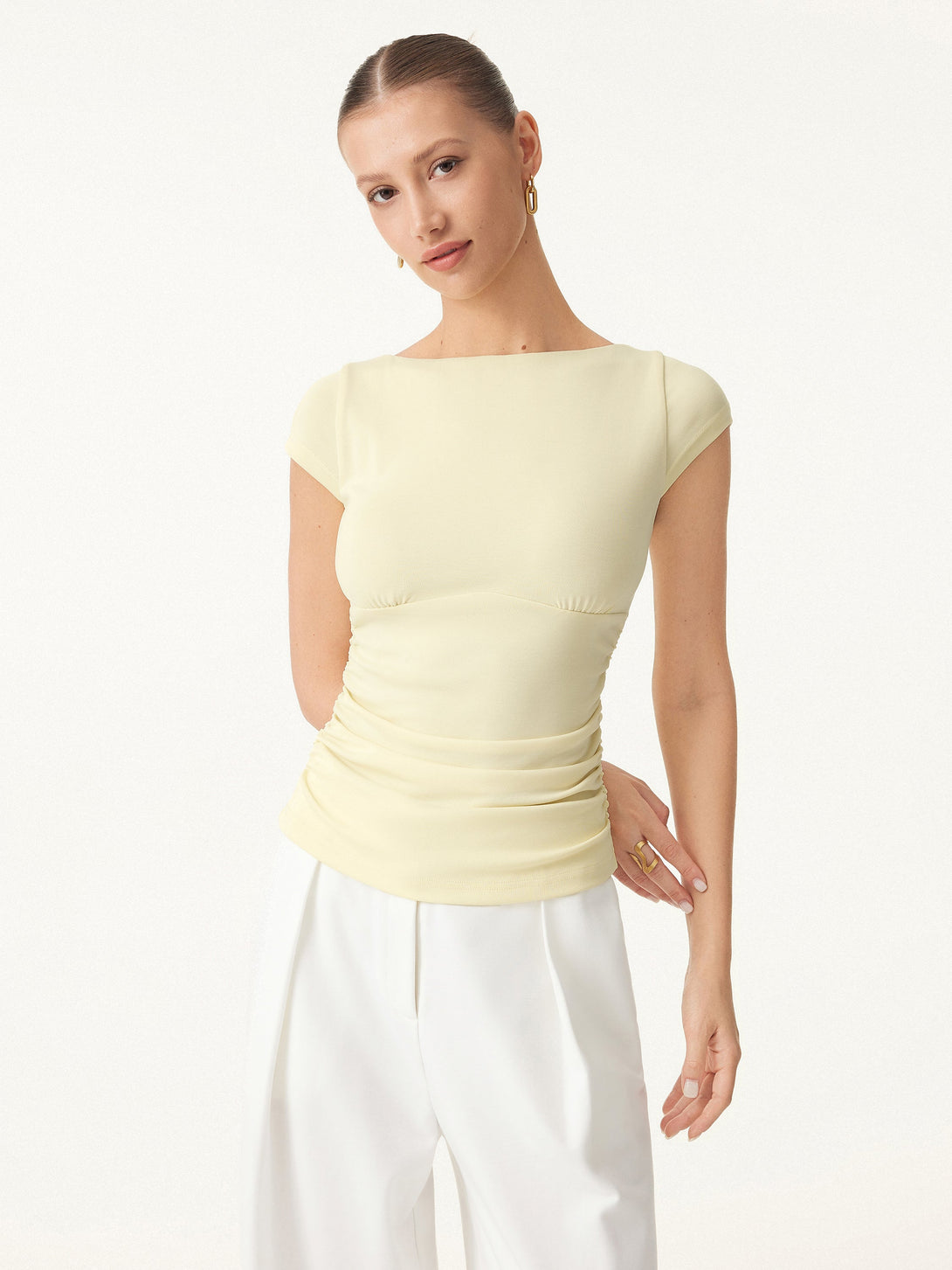 Sandwashed Boatneck Cap Sleeve Ruched Brami