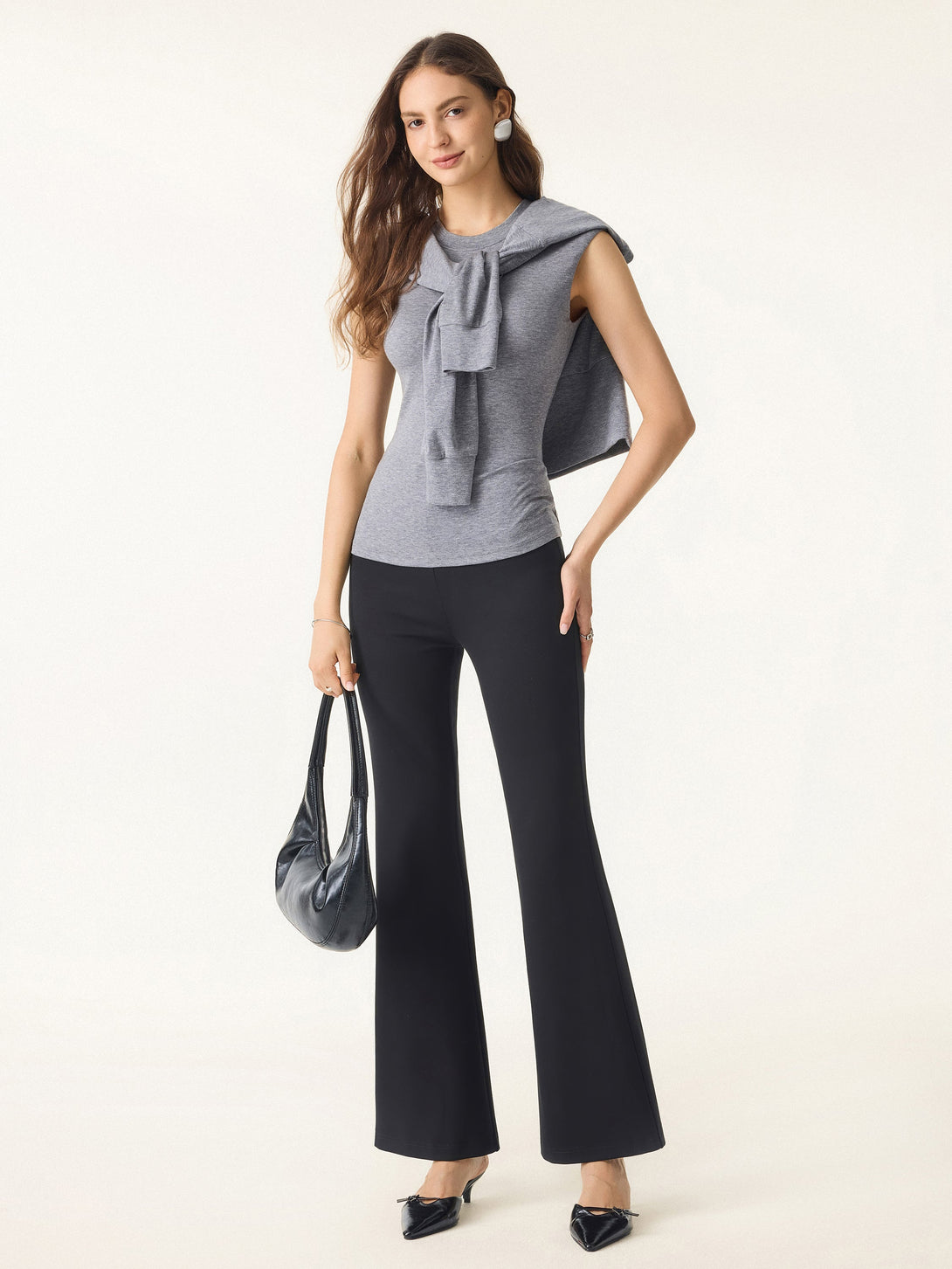 2Pcs Set Lyocell Cashmere V-neck Drop Shoulder Top & Crew Neck Wide Shoulder Brami