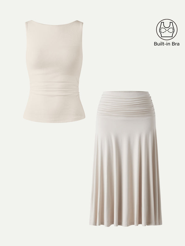 OGLmove 2Pcs Set Open Back Bra Tank & Side Ruched A-line Midi Skirt