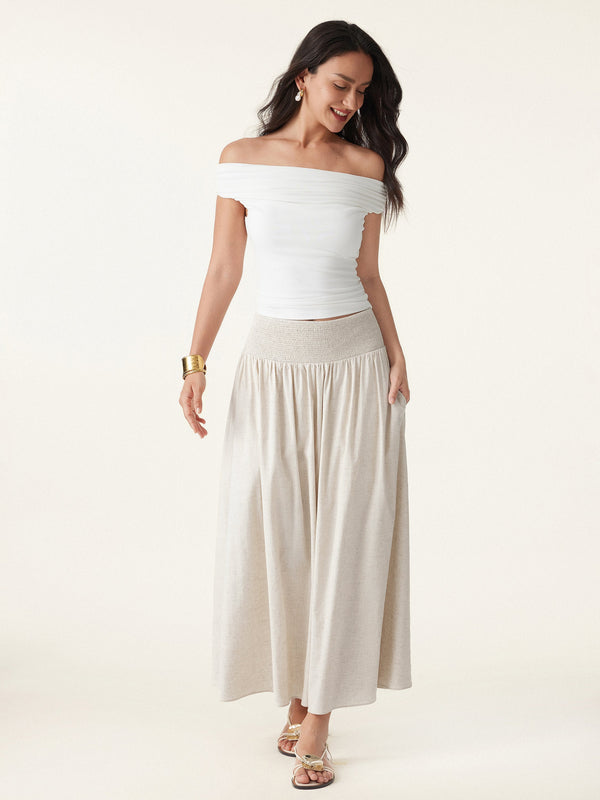 European Linen Smocked Waist Skirt with Pockets