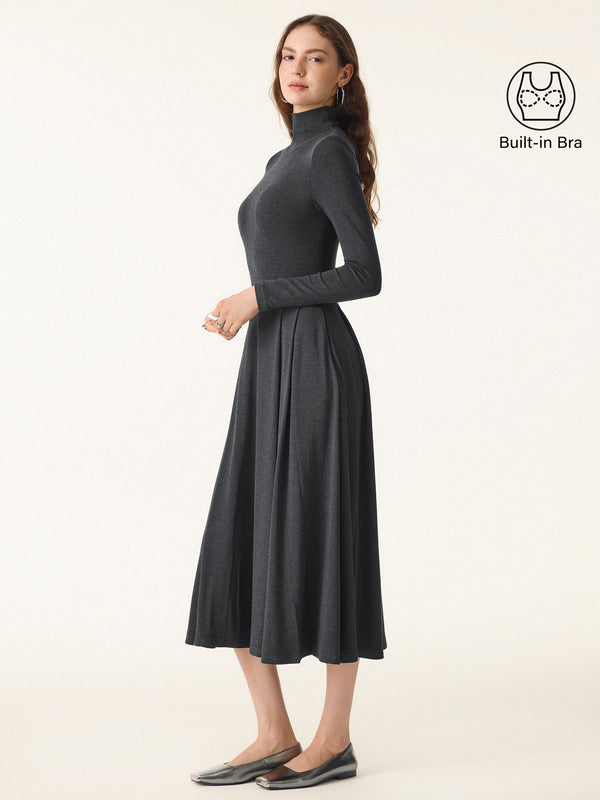 OGLmove Light Warm Mockneck Pleated Midi Bra Dress with Pockets