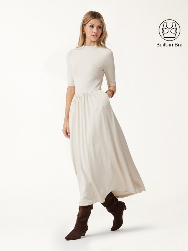 OGLmove LiteWarm Mock Neck Ruched Built-In Bra 3.0 Midi Dress with Pockets Morning Mist XXS
