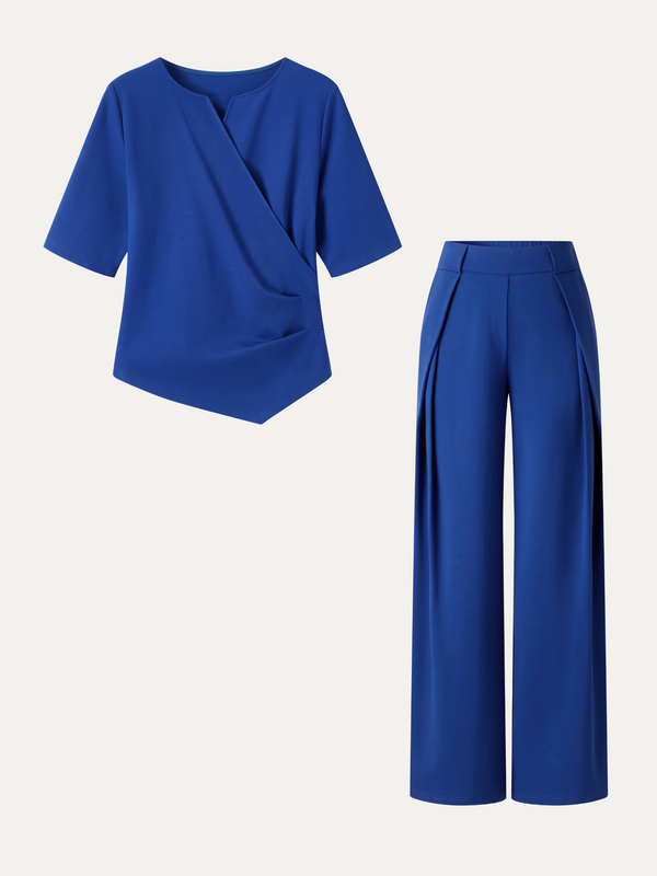 OGLmove 2Pcs Set Surplice Elbow Sleeve Top & Mid-Rise Wide-Leg Tuck Pants with Pockets