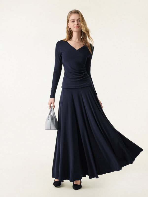 2Pcs Set Surplice Ruched Long Sleeve & Godet Hem Pull-on Maxi Skirt Universe Navy XS