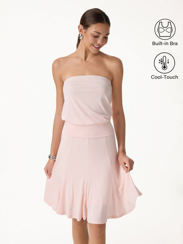 OGLmove 2Pcs Set Banded Hem Bra Top & Knee-Length Skirt Peach Dust Pink XS