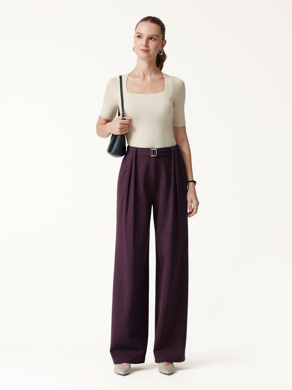 OGLmove Stretch Ponte High-Rise Belted Wide-Leg Pants with Pockets