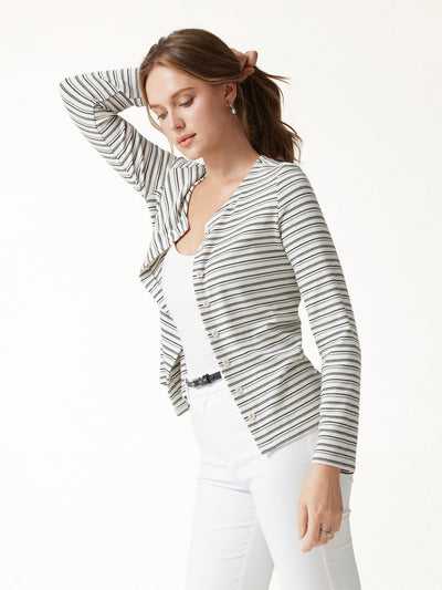 OGLmove Stripe Round Neck Long Sleeve Button-Up Cardigan White/Grey/Black Stripe XXS