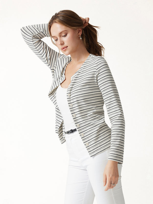 OGLmove Stripe Round Neck Long Sleeve Button-Up Cardigan White/Grey/Black Stripe XXS
