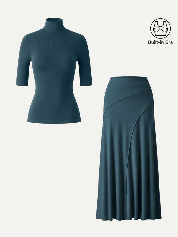 OGLmove 2Pcs Set Turtleneck Bra Top & Drapey A-Line Maxi Skirt