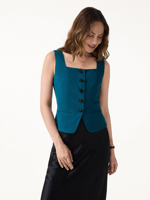 OGLmove Stretch Ponte Square Neck Cropped Waistcoat with Pockets Dark Marine XS