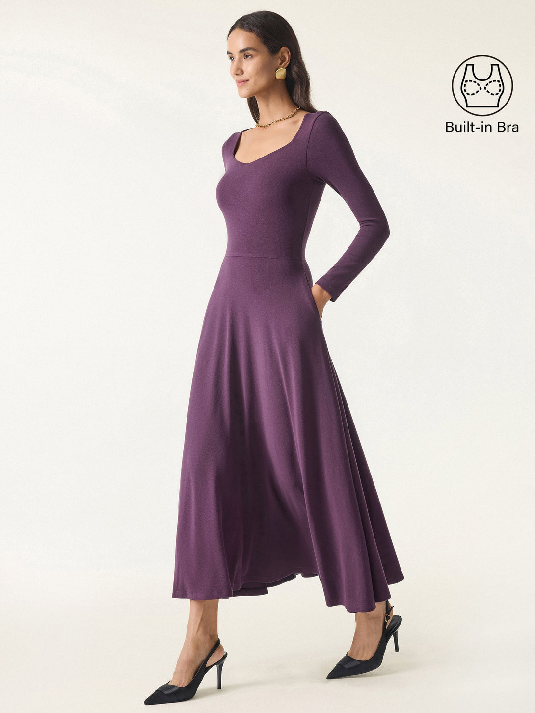 LiteWarm Flowy Diamond Neck Maxi Brami Dress with Pockets