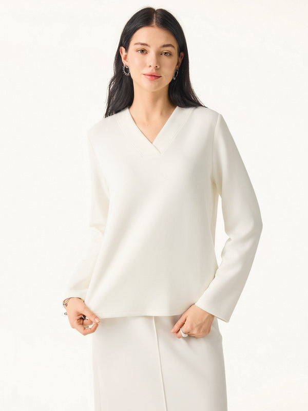 2Pcs Set Modal Spacer V-neck Pullover Shirt & A-Line Midi Skirt with Pockets