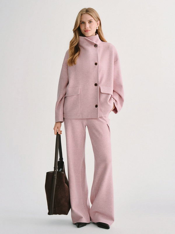 OGLmove 2Pcs Set FuzzLuxe Mock Neck Long Sleeve Jacket with Pockets & High-Rise Wide-Leg Tuck Pants with Welt Pockets Heather Millennial Pink XXS