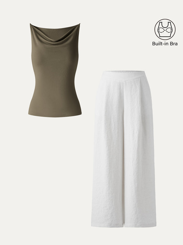 OGLmove 2Pcs Set Cowl Neck Bra Tank & Mid Rise Wide Leg Pant with Pockets